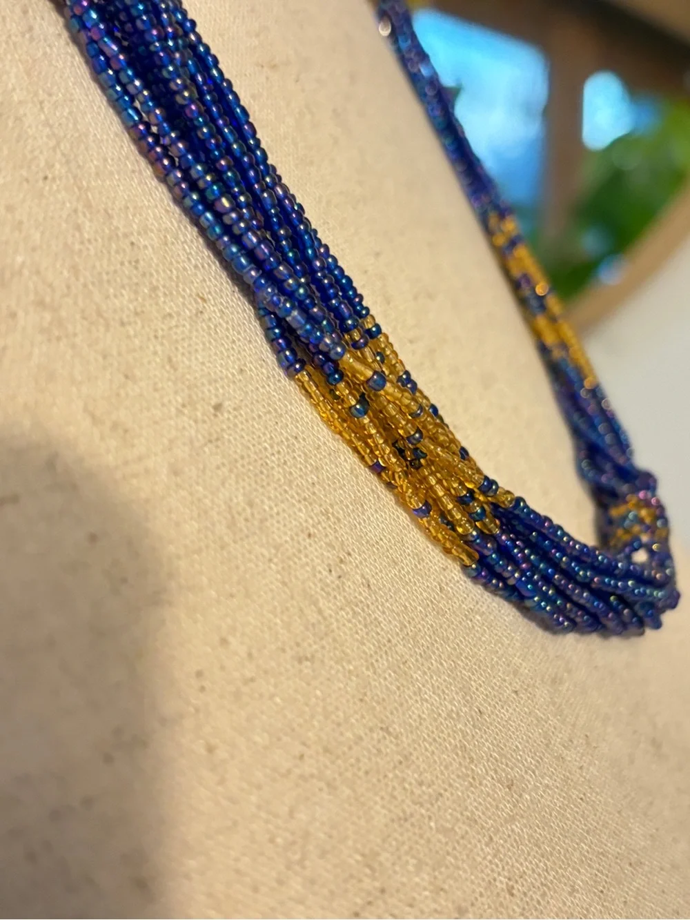 Vintage Cobalt Blue Gold Multi Strand Seed Bead Necklace Boho Statement Woven - Picture 5 of 10